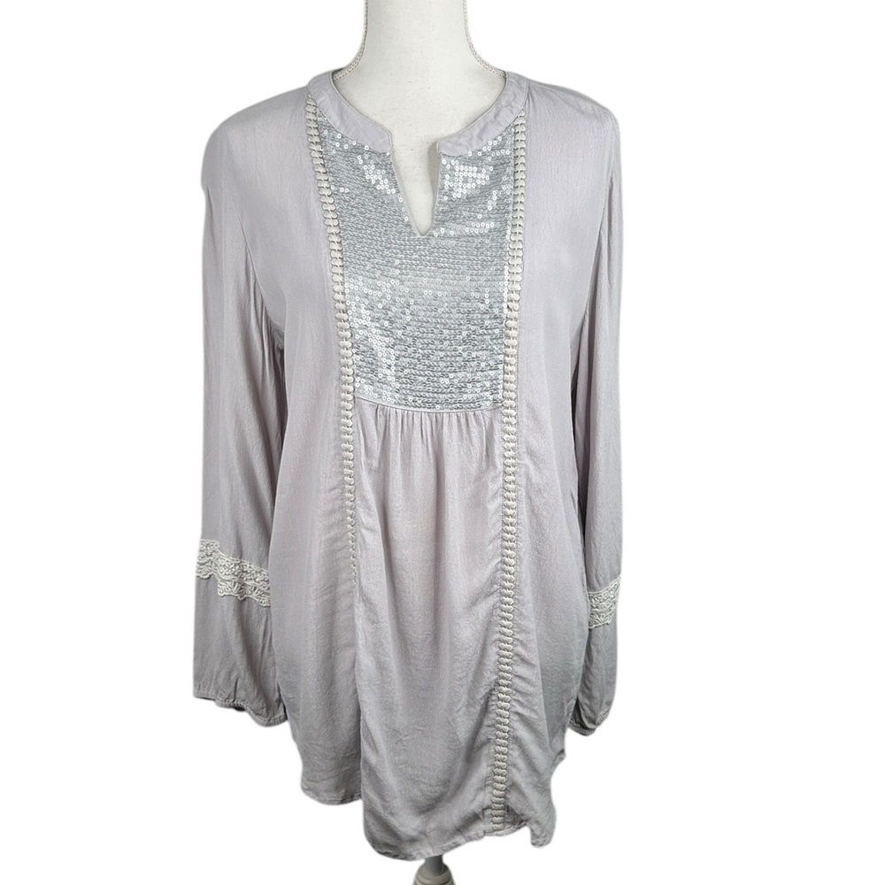 Chico's Gray Rayon Boho Sequin Lace Romantic Embroidered Flowy Top Size Medium